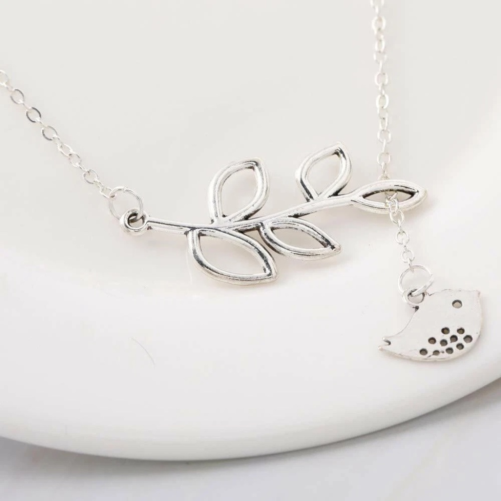 USA Elegant Spring Time Silver Bird and Leaves Lariat Pendant Necklace Jewelry - Picture 10 of 12